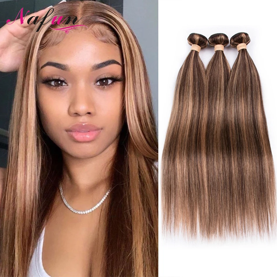 

NAFUN 28 30 Inch Blonde Highlight Ombre Bundles Remy Hair Extension Straight Honey Colored Malaysia Human Hair Bundle Deals Hair