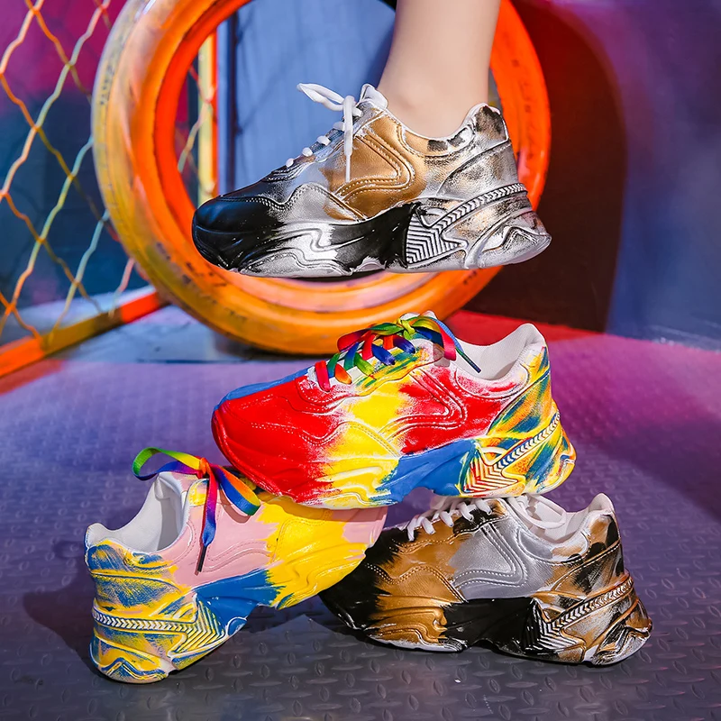 

Pop Street Style Women Chunky Sneakers Autumn Nice Fashion Graffiti Platform Trainers Mix Color Thick Sole Casual Shoes Woman