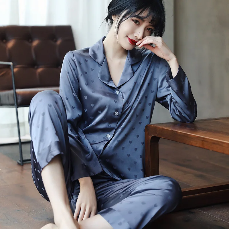 

Love Lapel Pajamas Suit For Women Long Sleeve Sleepwear Sleep Set Summer Lingerie With Buttons 2PCS Shirt&Pants Home Clothes