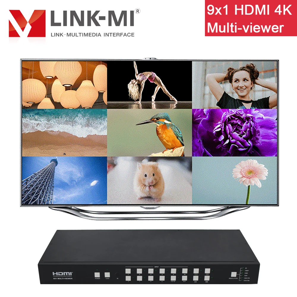 LINK-MI 4K 9x1 бесшовный Переключатель HDMI мультипросмотр поддерживает 1/2/4/9 режимы