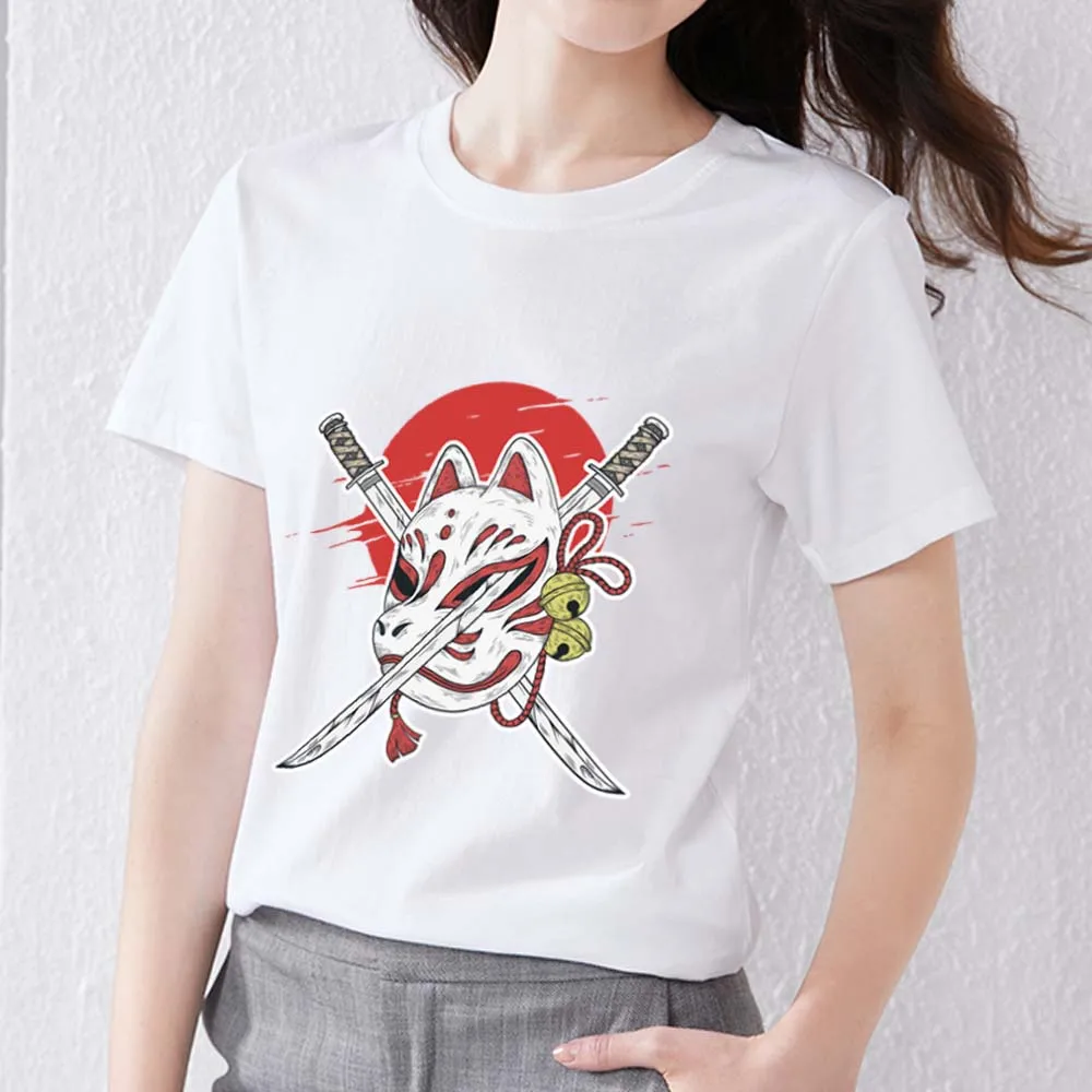 

Women's T-shirt Clothing Casual Harajuku Style Japanese Anime Fire Fox Mask Pattern Printing Slim Soft Commuter Round Neck Top