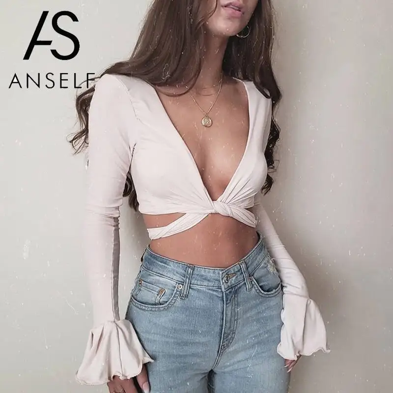 Сексуальная футболка женский укороченный топ с длинными рукавами глубоким