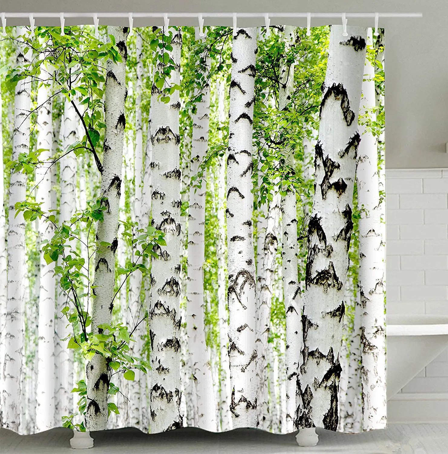 

Birch Tree Forest Branch Leaf Shower Curtains Waterproof and Mildew Resistant Fabric Bathroom Decor Hanging Curtain White Green