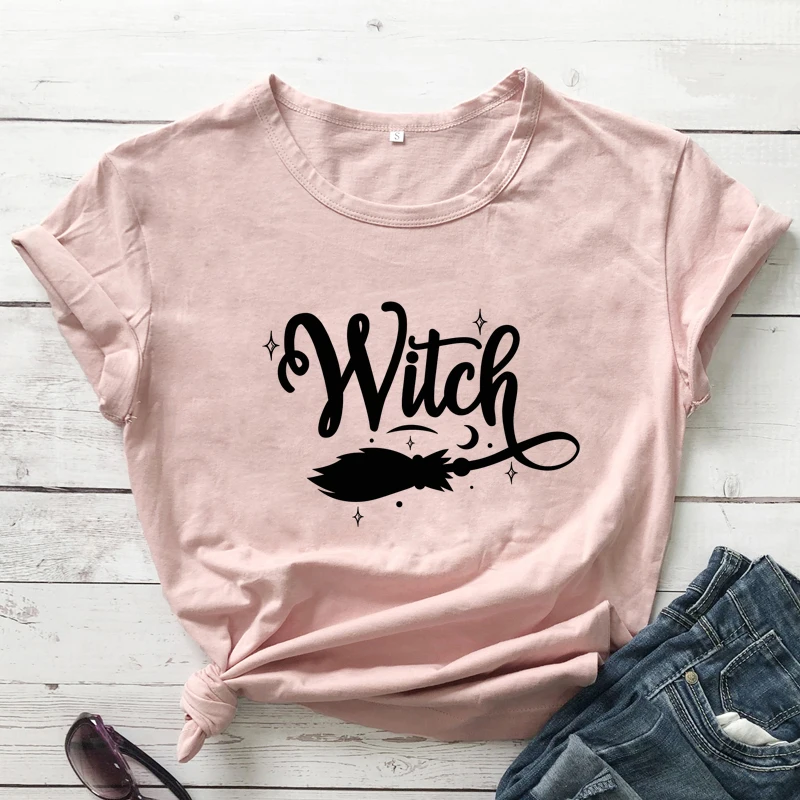 

2021 New Witch Broom 100% Cotton T-shirt Funny Women Halloween Costume Tshirt Fashion Autumn Short Sleeve Graphic