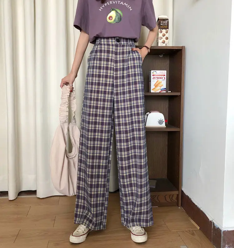 

Plaid Woman Pants Vintage Wide leg pants trousers female casual high waist autumn korean style Straight Streetwear pants bottoms