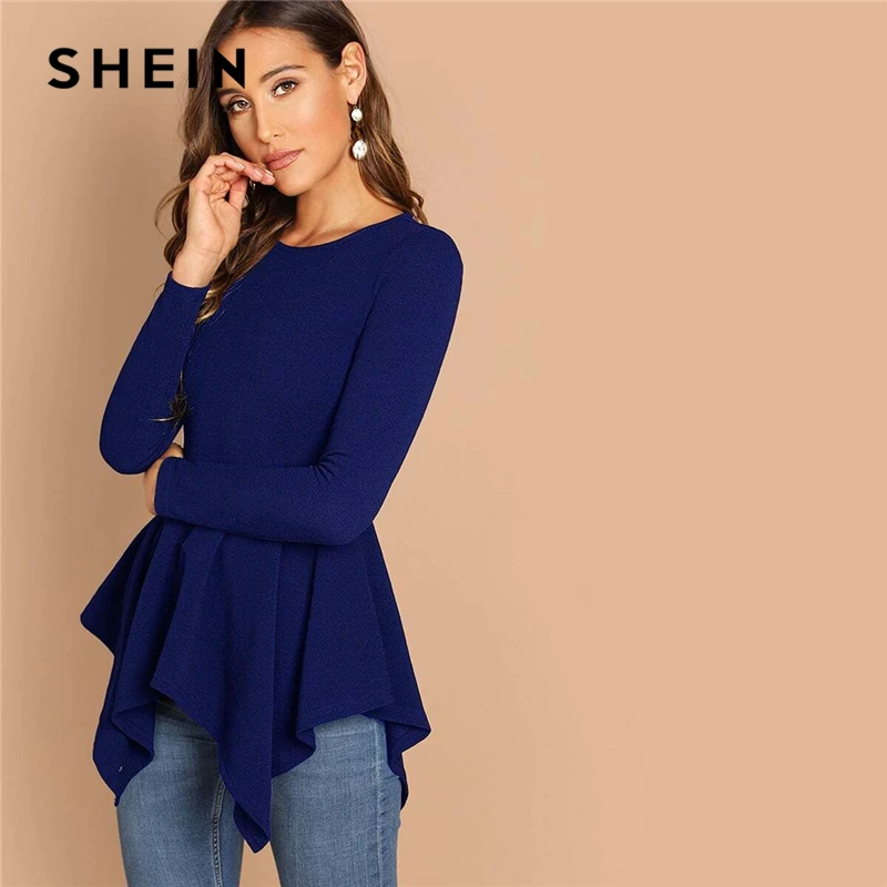 SHEIN Однотонный Топ С Асимметричным Низом И Молнией Женская Черная Классическая Блузка С Длинными Рукавами