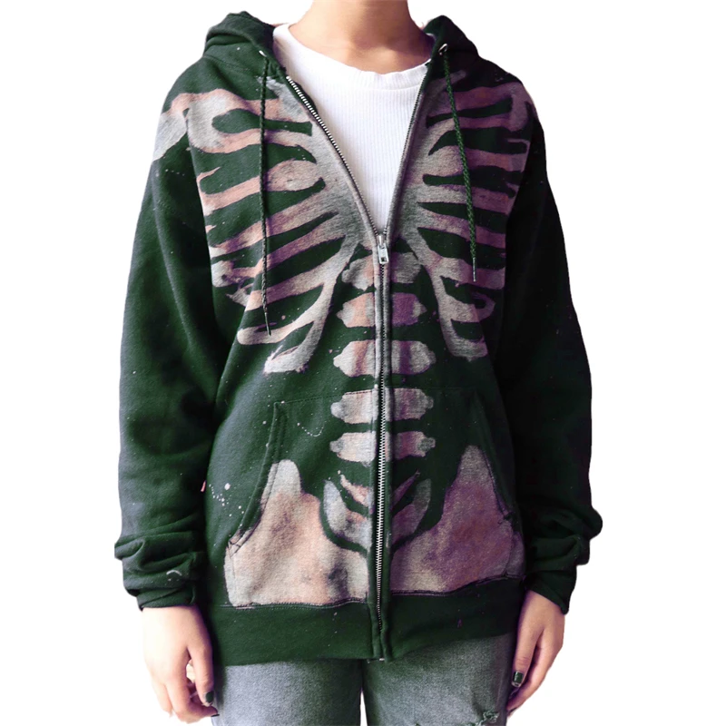 

Hirigin 2021 Women Hooded Jacket with Smooth Zipper Pocket Decoration Skull Print Adjustable Drawstring Spring Clothing