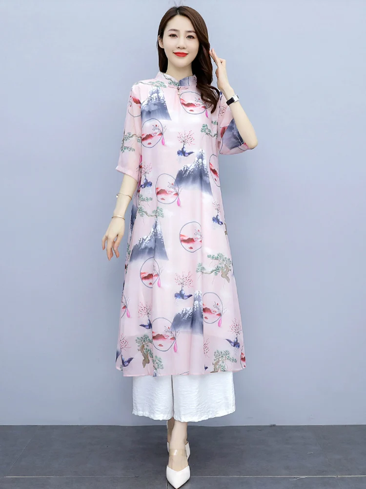 Женское длинное элегантное платье из хлопка и льна праздвечерние аозай Вьетнама