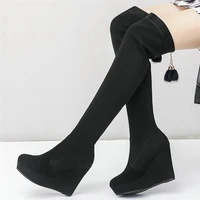 women genuine leather wedges high heel thigh high snow boots female winter warm stretchy velvet platform pumps shoe casual shoes