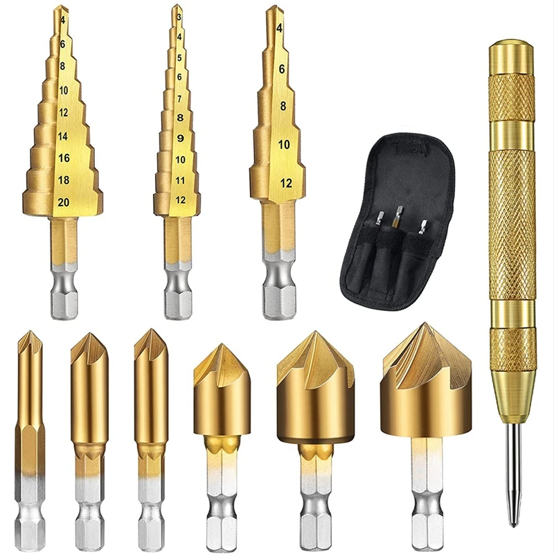 

10 Pieces Step Drill Bit Set 1/4 Inch Hex Shank 5 Flute Countersink Drill Bit Set with 5 Inch Automatic Center Punch