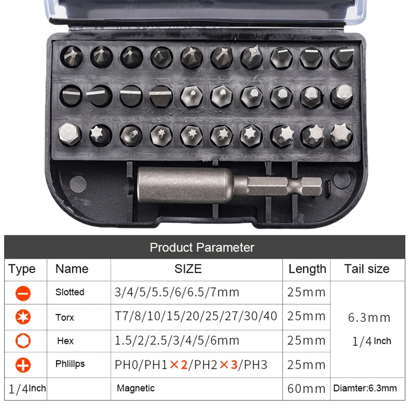

31pcs Magnetic Screwdriver Bits Set Chrome-vanadium Steel Phillips Slotted Torx Hex Pozi With Quick Relase