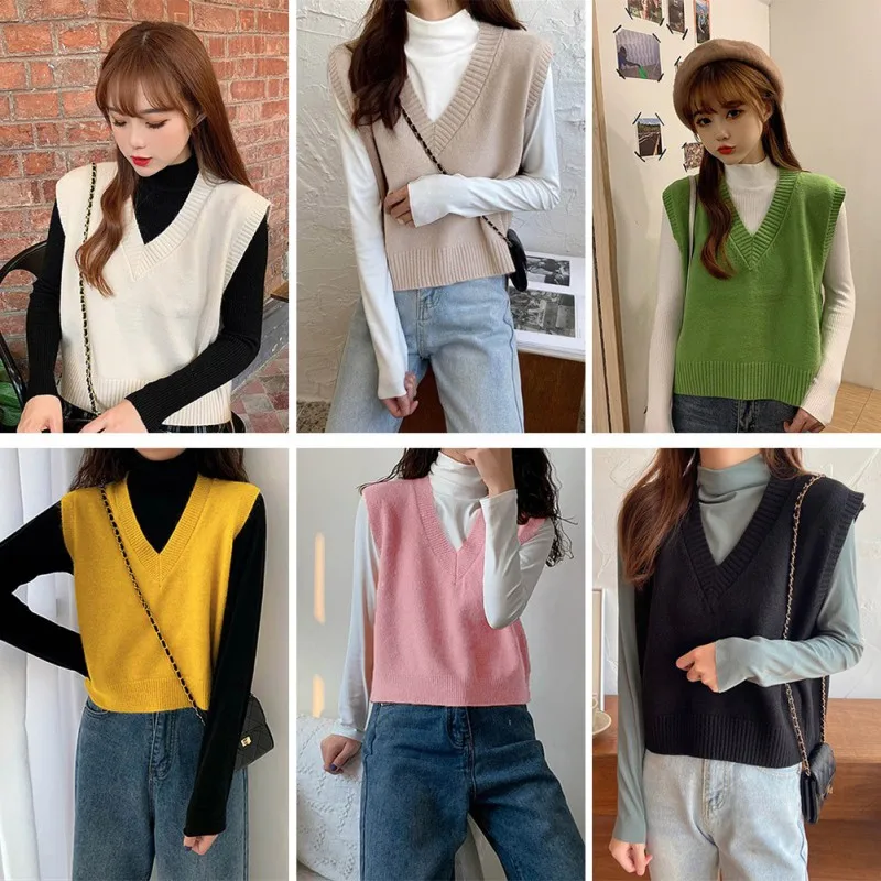 

spring autumn Women's knitted vest Korean Student V-neck Tops Outerwear solid color loose sweater Casual Tank Tops Pullover