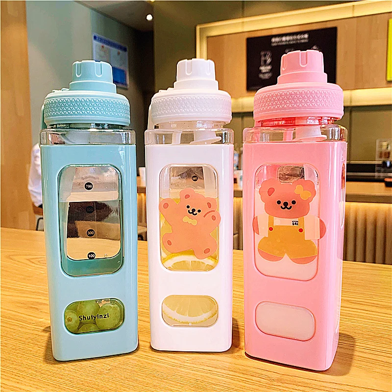 700ml Cute Water Bottles For Girls Children Kawaii Bear Plastic Travel Tea Juice Milk Portable Drink With Straw Stickers - купить по