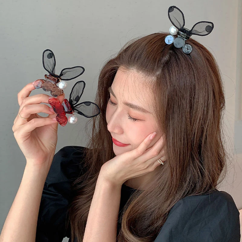

Stylish Korea Adjustable Mesh Rabbit Ear Hair Claws Women Lovely Small Side Hairpin Female Summer Bangs Shark Clip Accessories