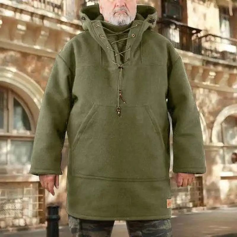 

Men's plus size hoodie fashion retro jacket mid-length hooded pullover casual wool material sweater fashion mid-length jacket