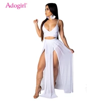 adogirl 2020 summer two piece set dress spaghetti straps crop top tank high slit chiffon maxi skirt with panties beach wear
