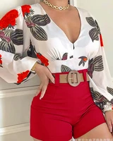 summer two piece set women fashion sets printed leisure shorts female 2 piece sets womens outfit v neck longsleeves shorts set