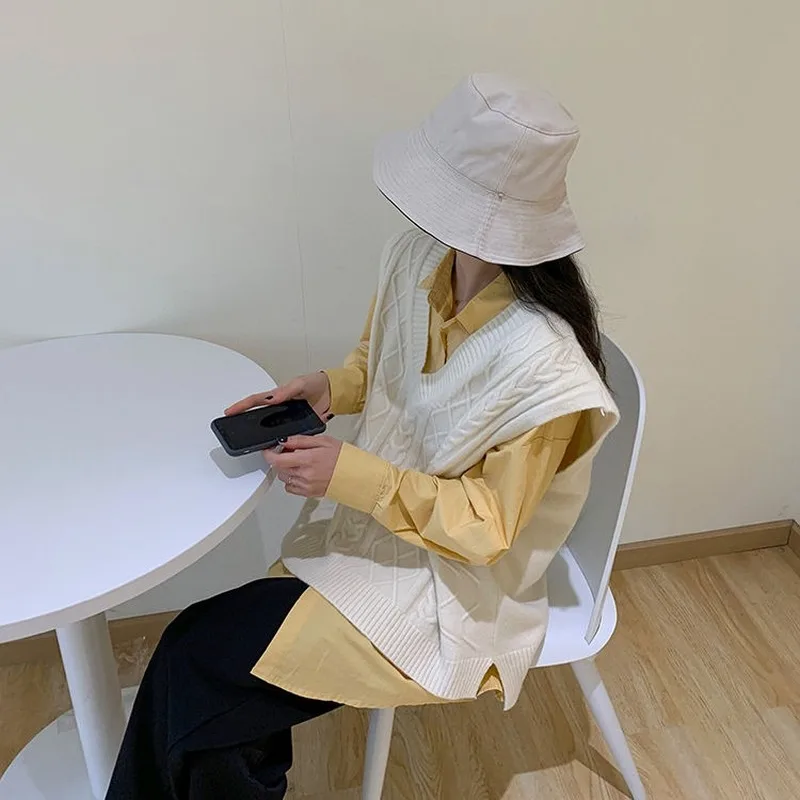 

Vests Sweater Women Solid Classic Retro Stylish V-neck All-match Ulzzang Streetwear Loose Female New Sleeveless Casual