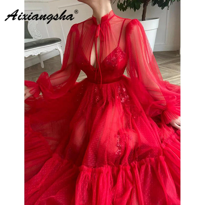 

Aixiangsha Red Evening Dresses High Neck Cut-Out Puffy Sleeve Belt Appliques Sequin Celebrity French Style Princess Gowns