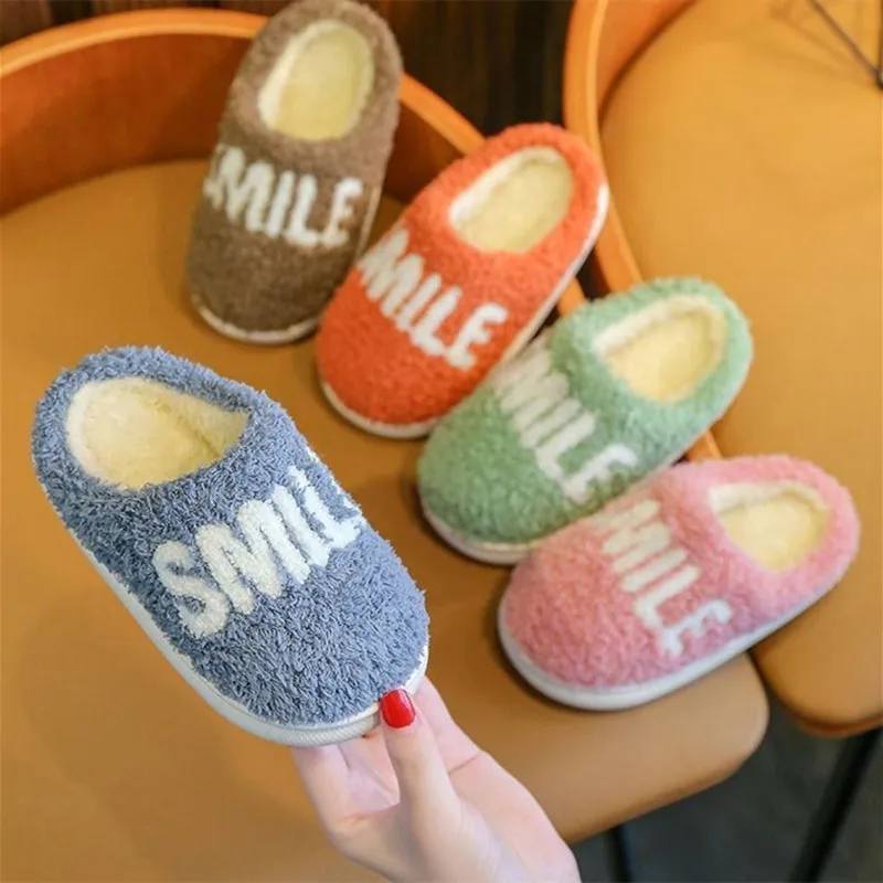 

Smile Letter Print Winter Boys Girls Cotton Slippers Children's Cute Plush Slippers Boys Home Indoor Shoes Furry Kids Slippers