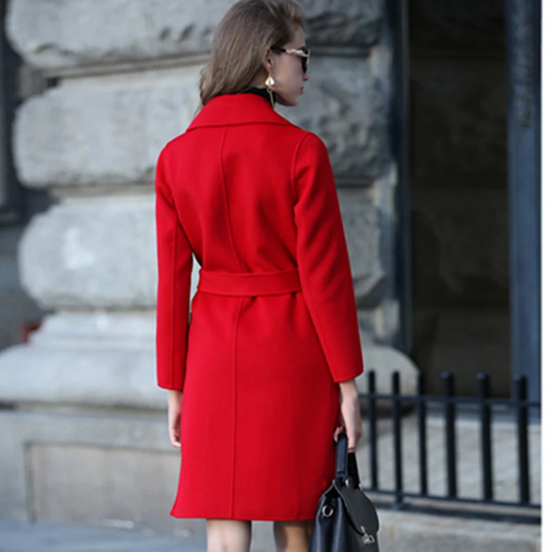 

Для женщин и на осень-зиму со скрытыми пуговицами Шерстяное пальто тонкий, модная, с v-образным вырезом, Двустороннее пальто из твида Регулир...