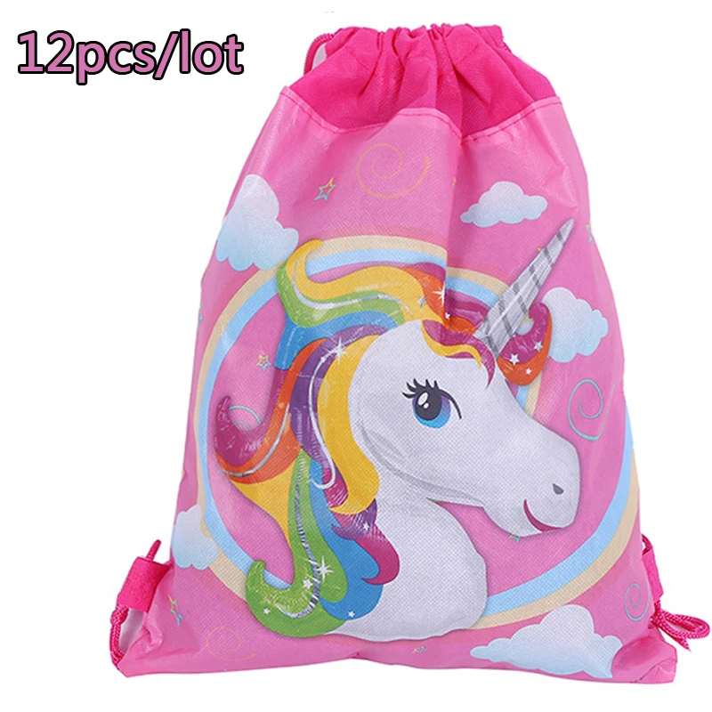 

Baby Shower Party Decorate Unicorn Theme Non-woven Fabric Drawstring Gifts Loot Bags Happy Birthday Girls Favors Mochila 12PCS