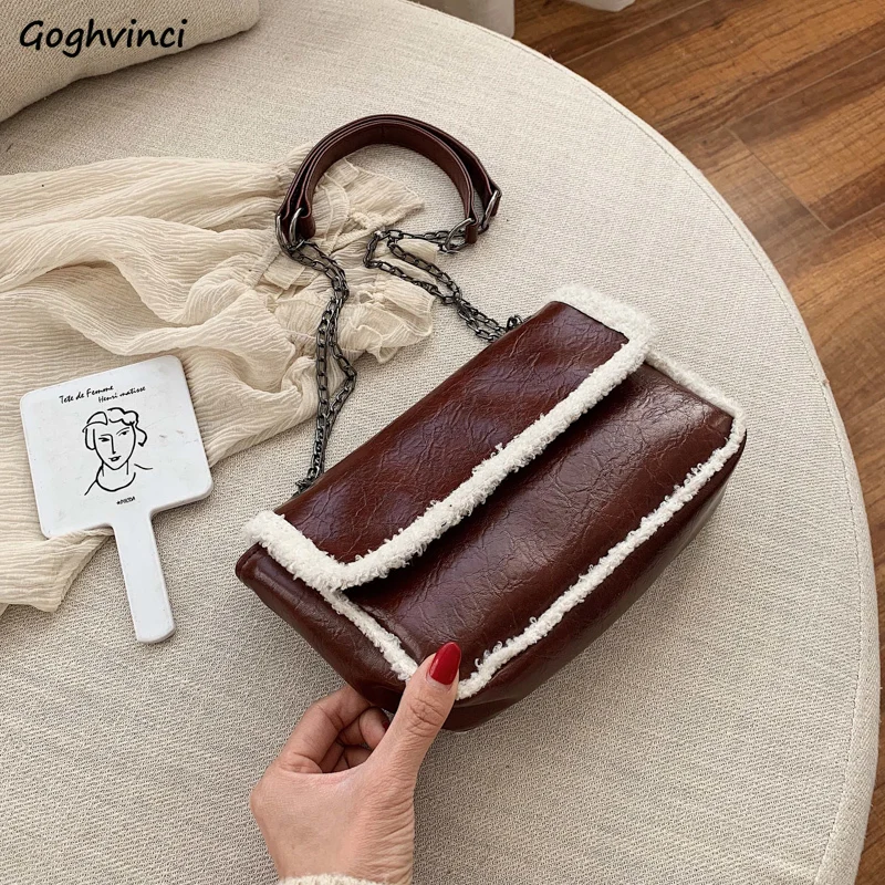 

Faux Fur Female Flap Bags Women Elegant Vintage Hasp Winter Plush Chain Ladies Shoulder Bags Patchwork Pu Leather Texture Soft