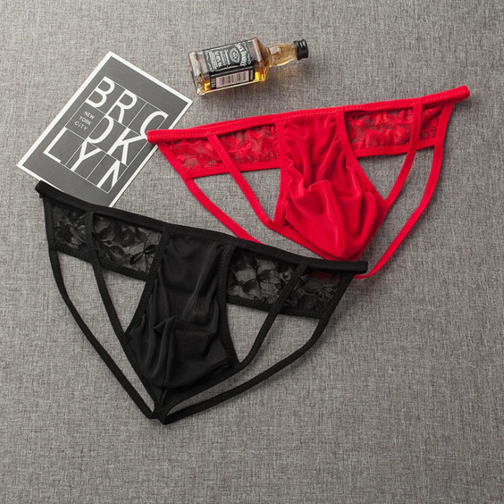 

Sexy Men Lace Jockstraps Thong Buttocks Hollow Bikini Briefs Underwear Sissy Gay Men Pouch Panties Transparent Underpants