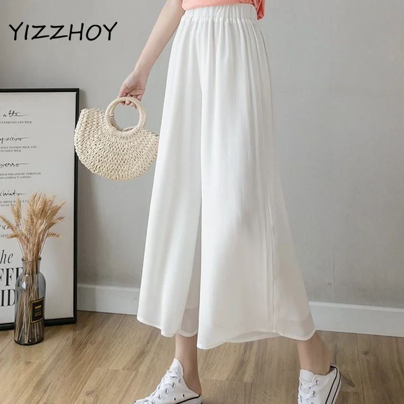 

YIZZHOY Spring Summer New Arrival Ladies Solid High Waist Wide Leg Pants Women Casual Chiffon Loose Ankle-length Pants