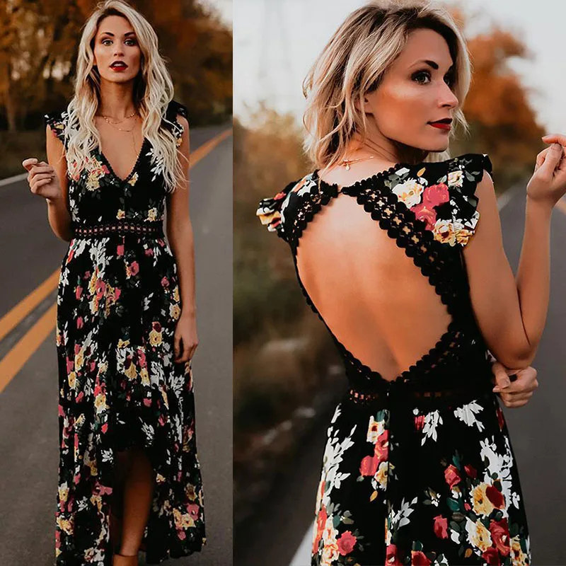 Модная Осенняя Женская Макси нерегулярные Boho Свадебные платья летнее Цветочный