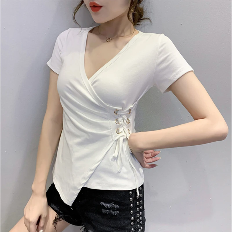 

Fashion Lace-up Top Women Lrregular V-neck Tshirts 2020 Cotton Sexy Slim T Shirt Summer Short Sleeve Tee Shirt White Black New