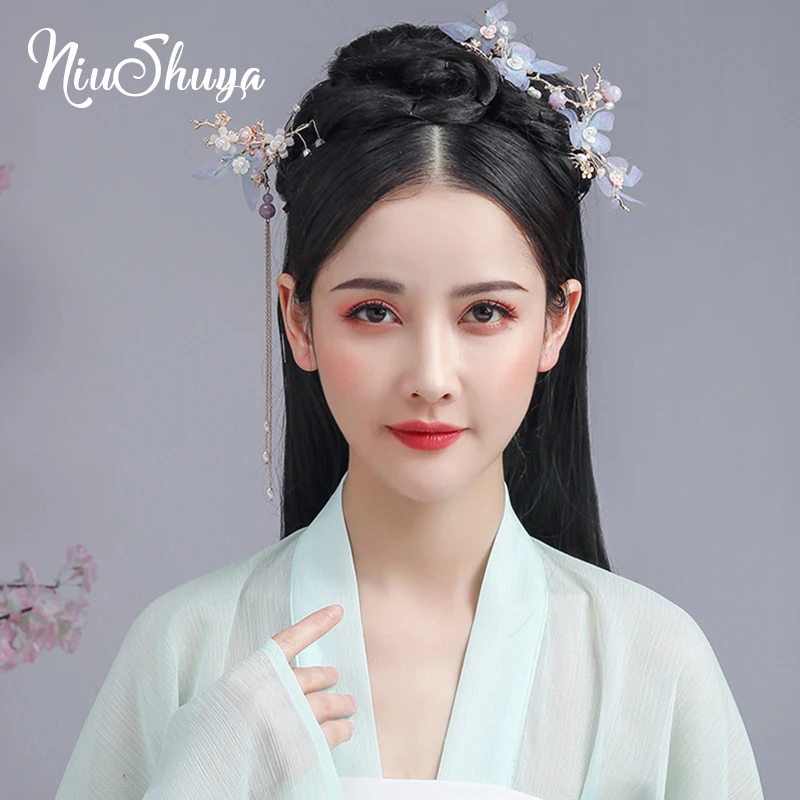 

NiuShuya Chinese handmade Hanfu Hair Accessorie Hairpin Costume Headdress Classical Step Shake Blue Tulle Butterfly Hairwear