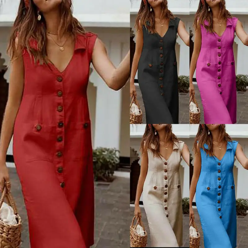 

L/P Damen rmellos Knpfe Strandkleid V Neck Urlaub Sommer Casual Midikleider