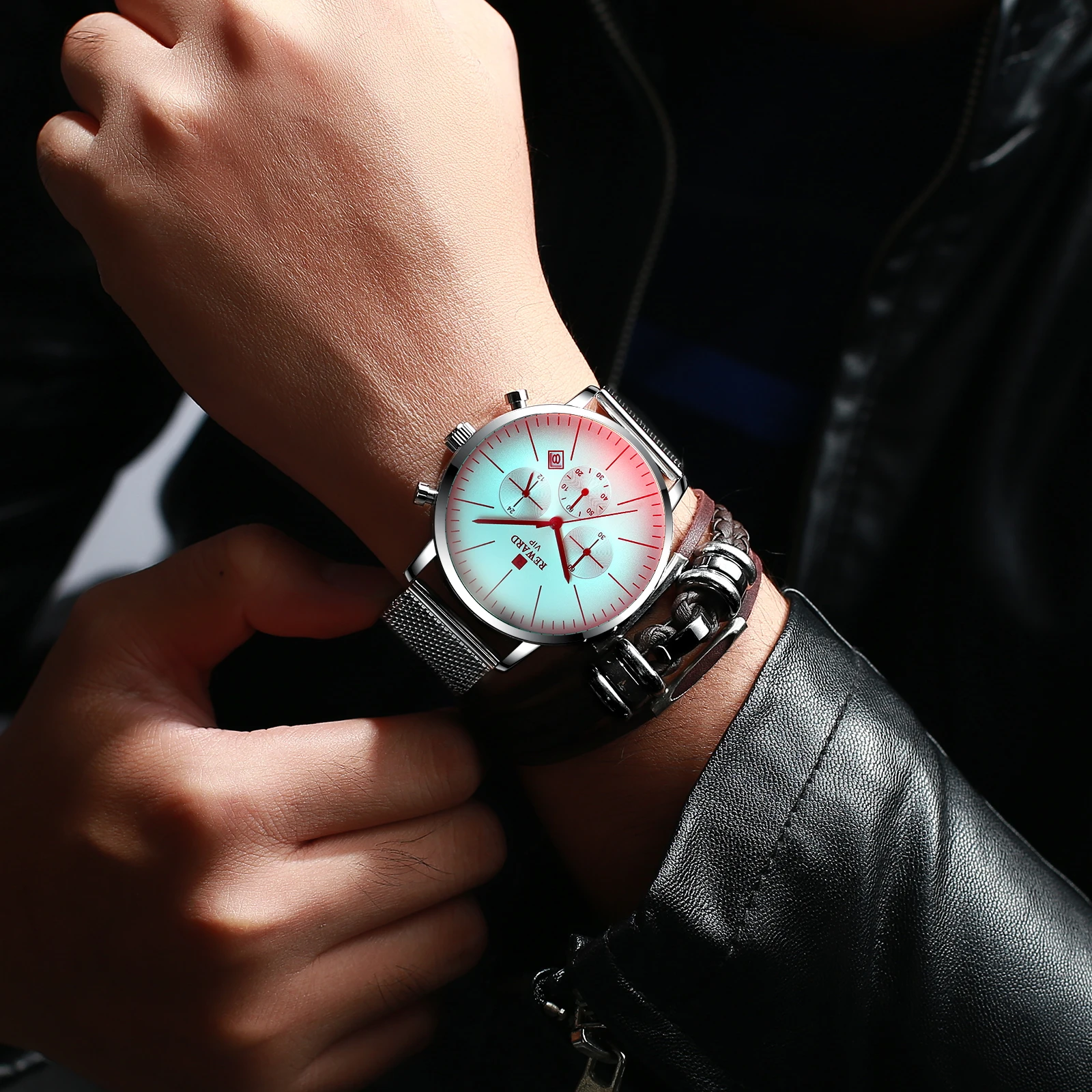 REWARD 2020 Mens Watches Top Brand Luxury Fashion Mesh Stainless Steel Mirror Variable Color Bright Quartz Watch Men Sport | Наручные
