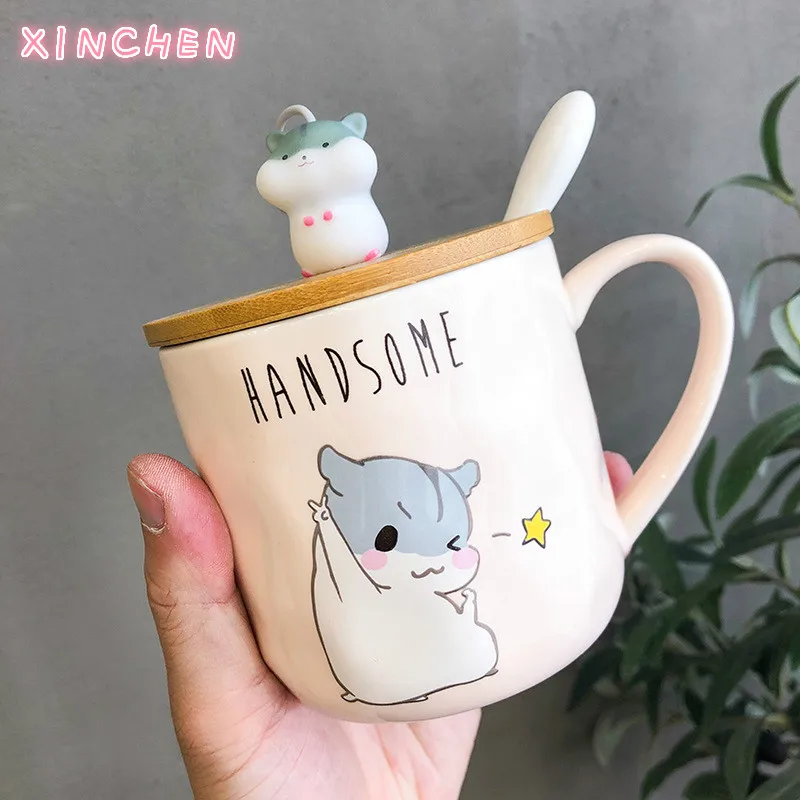 

XINCHEN Cartoon Hamster with Cover with Spoon Glaze Ceramic Cup Cute Cup Coffee Milk Water Glass Mug Cute Coffee Mugs and Cups