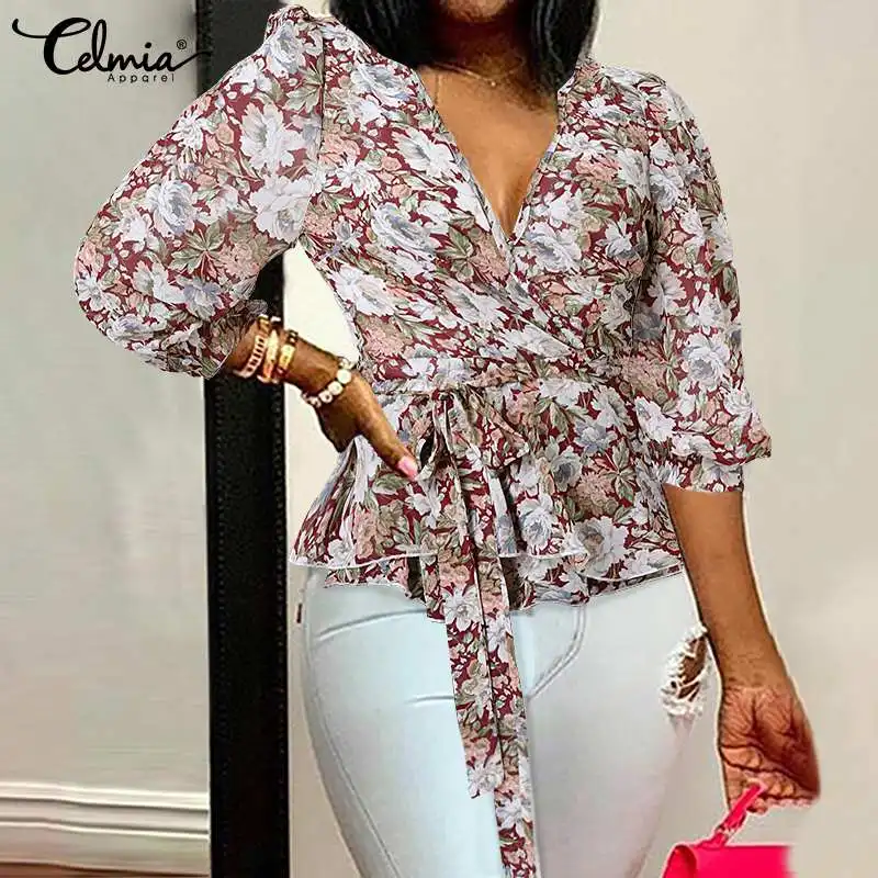 

Celmia Fashion Women Blouse Sexy V-neck Flower Printed Shirts 2021 Summer Casual 3/4 Sleeve Elegant Belted Ruffles Tunic Top