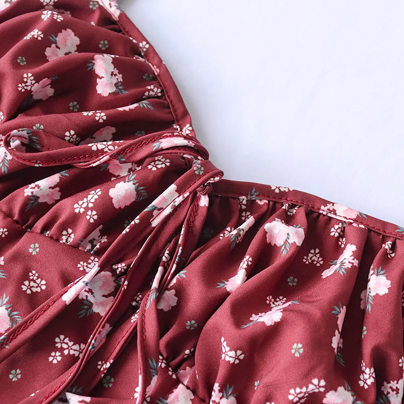 

Wine Red Floral Dress Women Sexy Bodycon High Split Dress 2020 New Folds Street Style Sleeveless Dress Elegant Sweet Dress D012