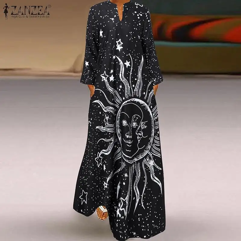 

Платье ZANZEA вечерние ское вечернее с цветочным принтом, Свободный Длинный Сарафан, Винтажный Длинный Сарафан с длинным рукавом, на осень