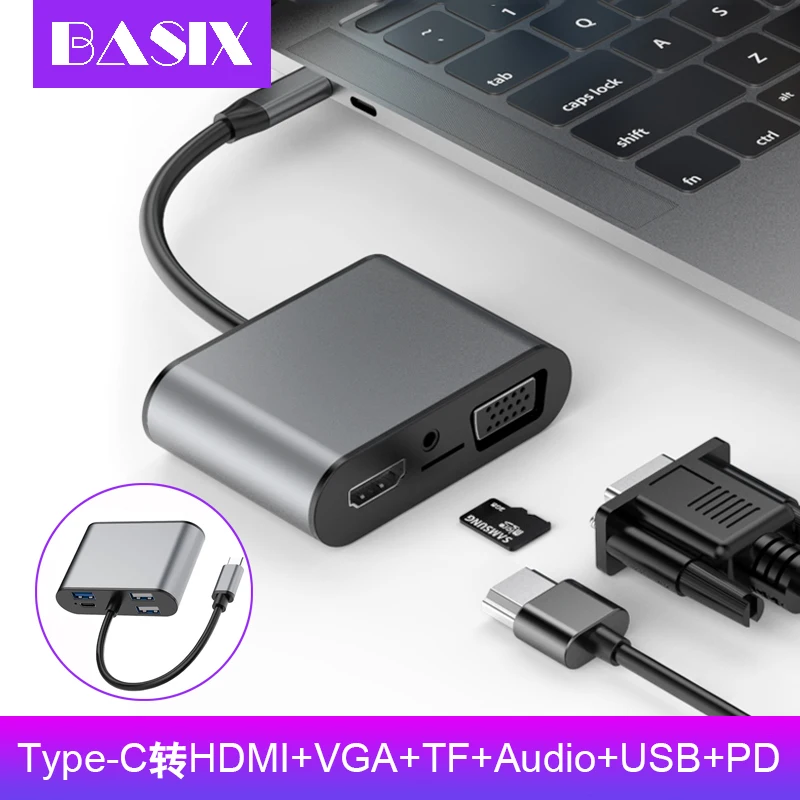 Док станция Basix с USB портом Type C на 3 0 HDMI Vga адаптер док Thunderbolt PD TF 5 мм Слот для чтения