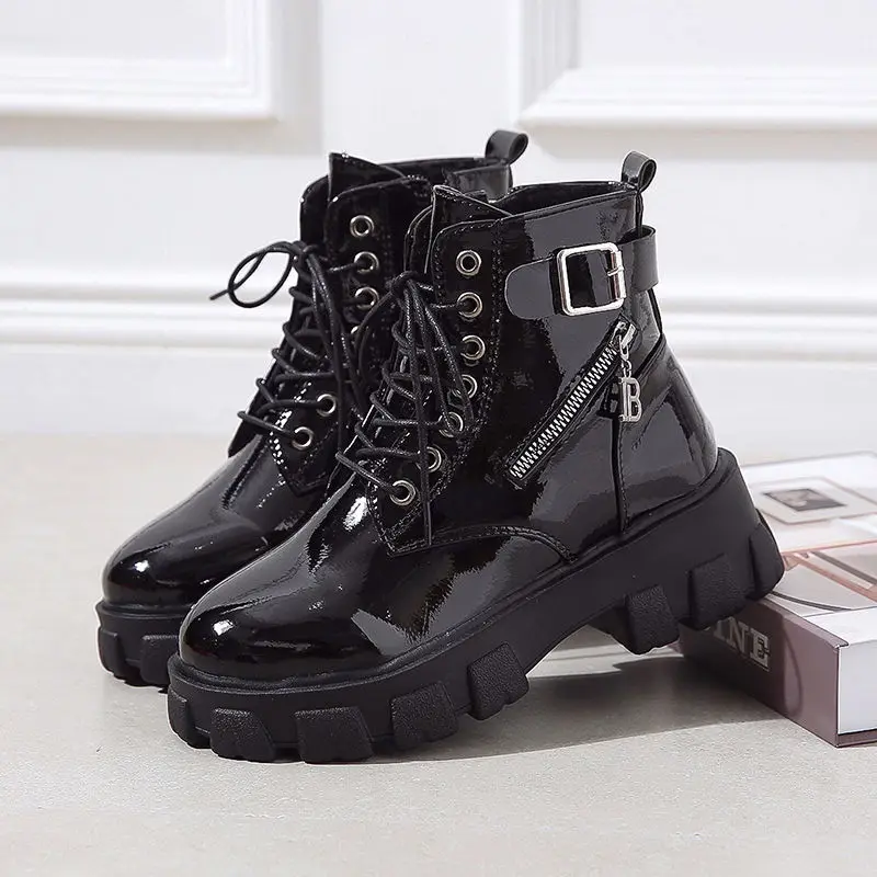 Женские ботильоны на платформе черные ботинки до середины икры шнуровке с