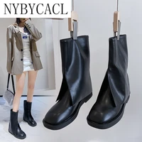 2022 popular fashion women knee high boots party casual thick heels concise pu leather sqaure toe long shoes woman newest boots