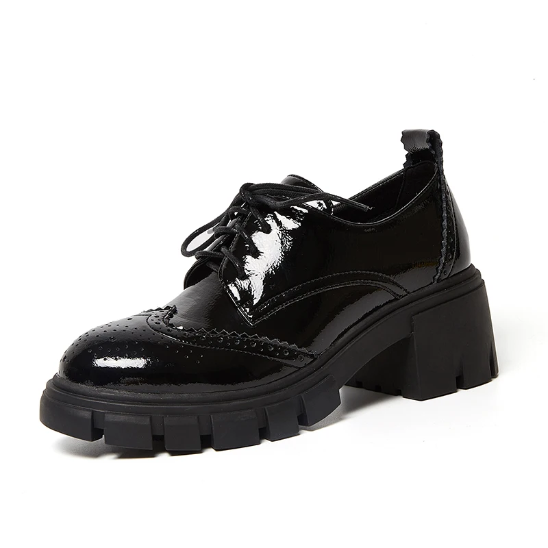 

British School Genuine Leather All-match Round Toe Thick High Heel Lace Up Young Lady Daily Wear Maiden Women Pumps