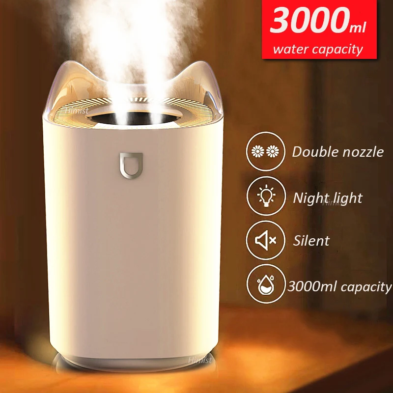 

1pcs Home Air Humidifier 3000ML Double Nozzle Cool Mist Aroma Diffuser with Coloful LED light Heavy fog Ultrasonic USB