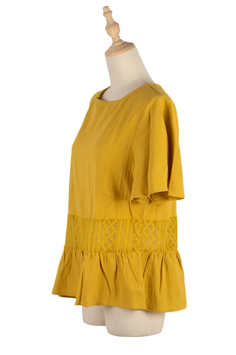

2020 summer fashion yellow casual fashion pleated hem patchwork yarn net loose chiffon shirt and blouse