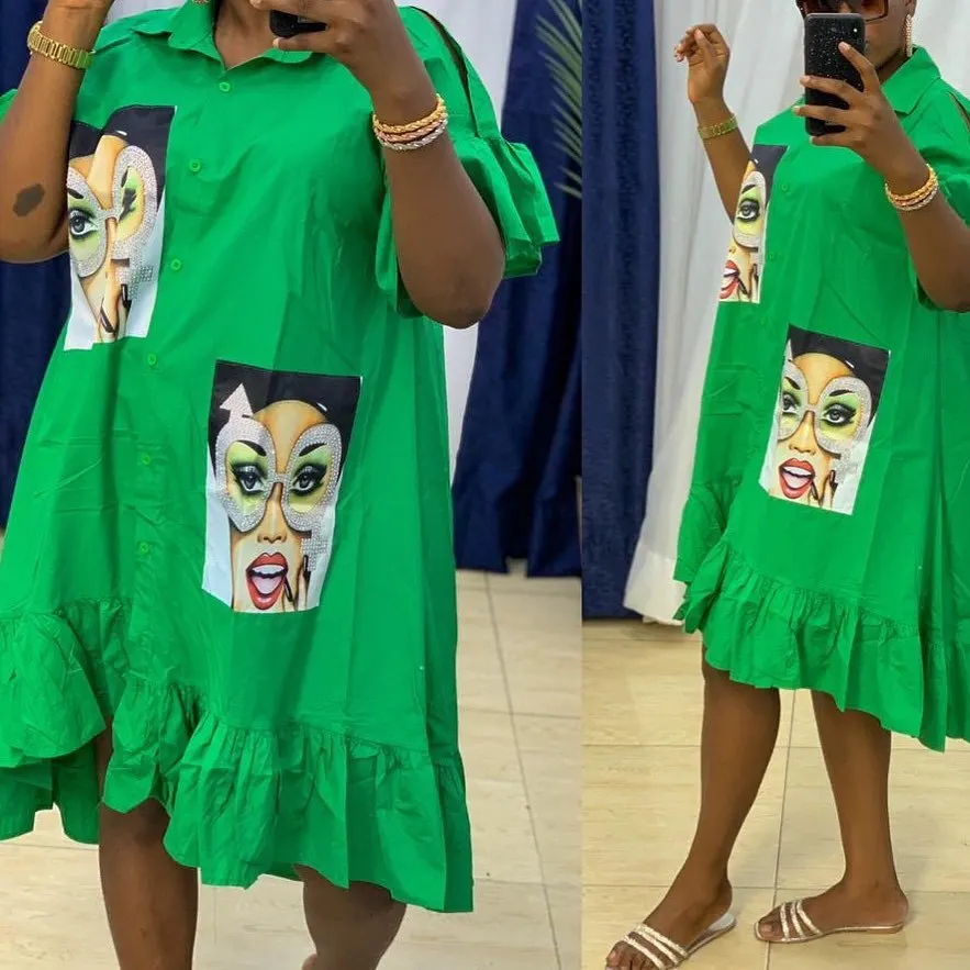 

Платье-рубашка женское хлопковое с коротким рукавом и оборками, батальных размеров, с Африканским принтом, 2021