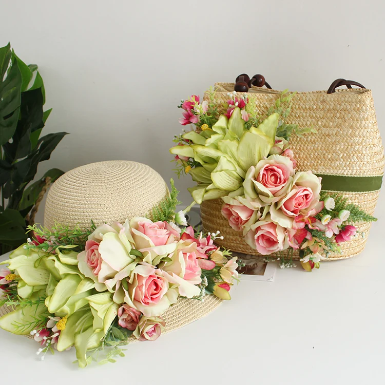 Women Summer Straw Beach Bag Colorful Artificial Flowers Handmade High-end Customized Rattan Fashin Lady Holiday Tote Hat Suit