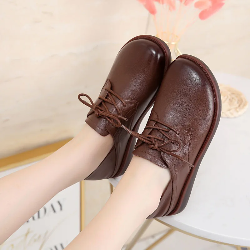 

DRKANOL 2021 New Classic Genuine Leather Flat Shoes Woman Oxford Shoes Soft Bottom Lace Up Shallow Flats Oxford Shoes Female