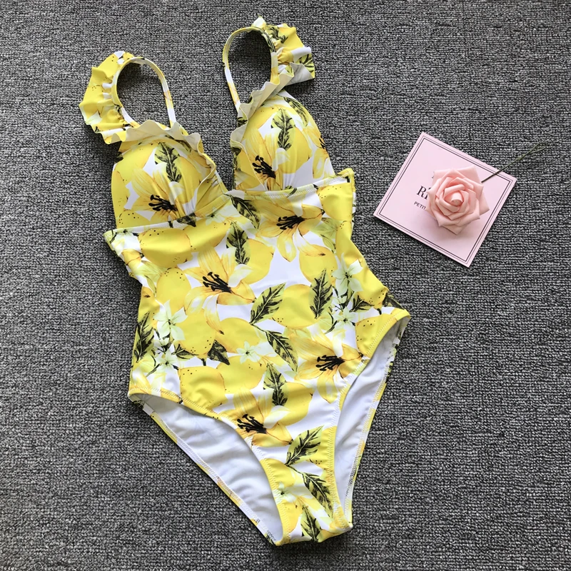 2021 сексуальный купальник пуш ап с оборками Цельный женский принтом лимона