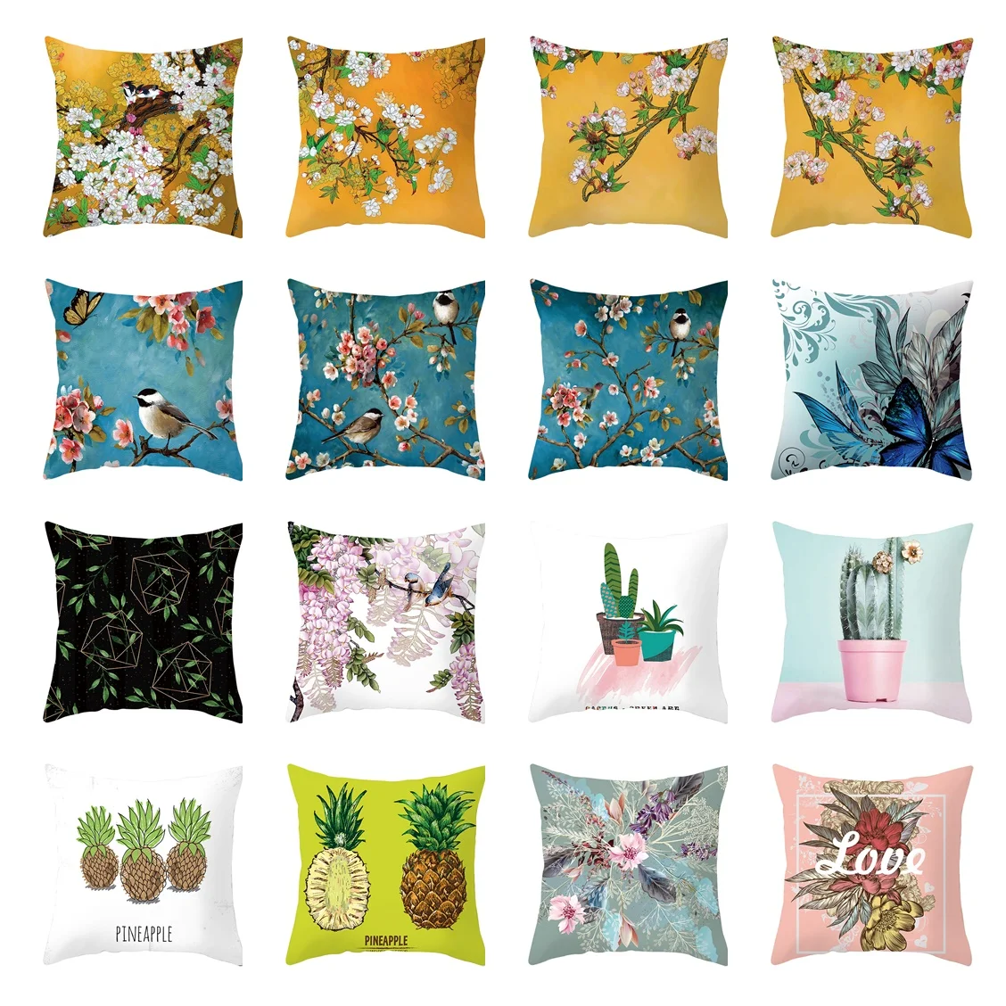 

Khaki Retro Cushion Covers 45x45cm Flowers Bird Pillow Case Home Decor Pink Plum Sofa Throw Pillow Covers For Living Room White