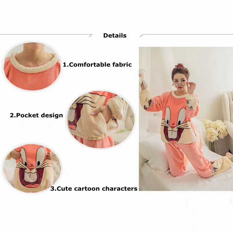 2021 New Women Pajama Sets Autumn Winter Pajamas Flannel Cartoon Thick Warm Women Sleepwear Cute Animal Female Homewear
